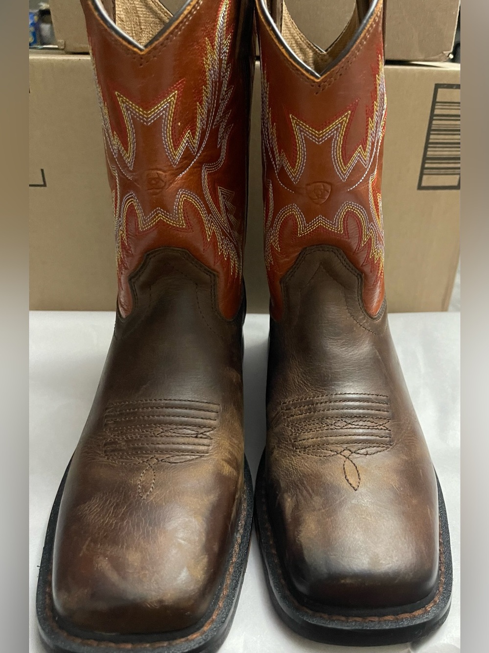Ariat Boys workhog  Brown Leather Western Boots with Orange Shaft size 5.5